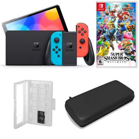 Nintendo Switch OLED en neón con Super Smash Bros 3 y accesorios