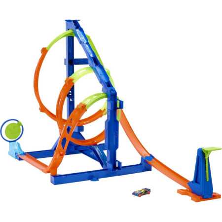 Set de pista Ruedas Calientes Acción Corkscrew con Triple Loop y Carro de Juguete.