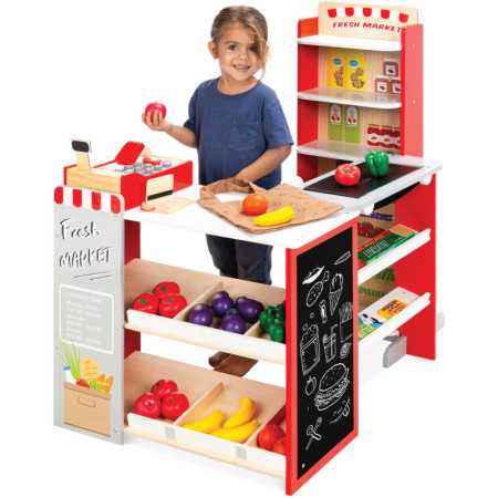 Supermercado de madera para niños con pizarra y caja de juegos. ¡Divertida tienda de comestibles!