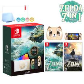 2023 Nintendo Switch OLED Zelda Limited Edition, Green & Gold Joy-Con 64GB Consola, Hylian Temed White Dock, 2 juegos de