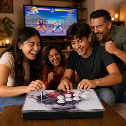 Familia jugando con consola arcade retro HDMI